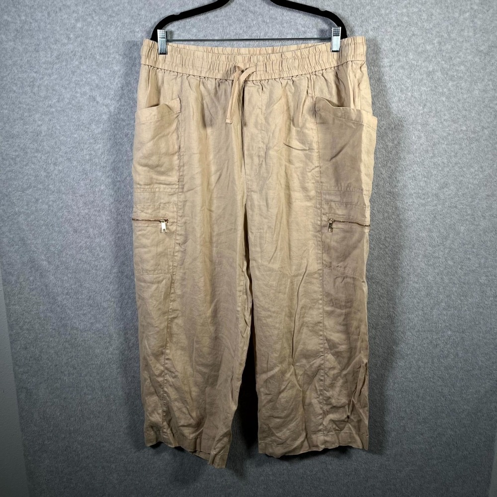 DKNY Pure Cropped Pants Womens XL‎ Beige Straight Leg Drawstring Streetwear